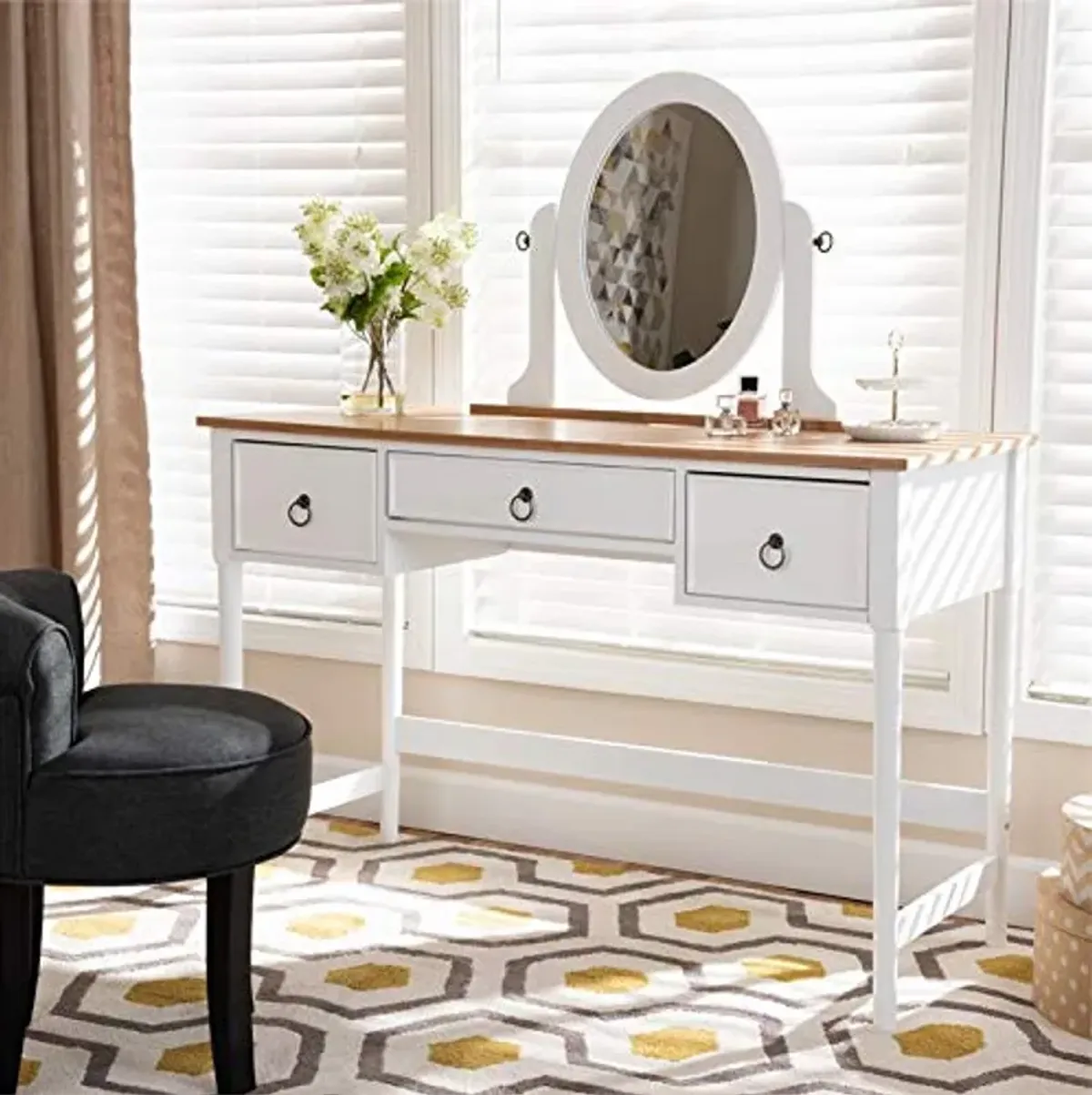 Baxton Studio Sylvie 3-Drawer Wood Vanity Table with Mirror in White