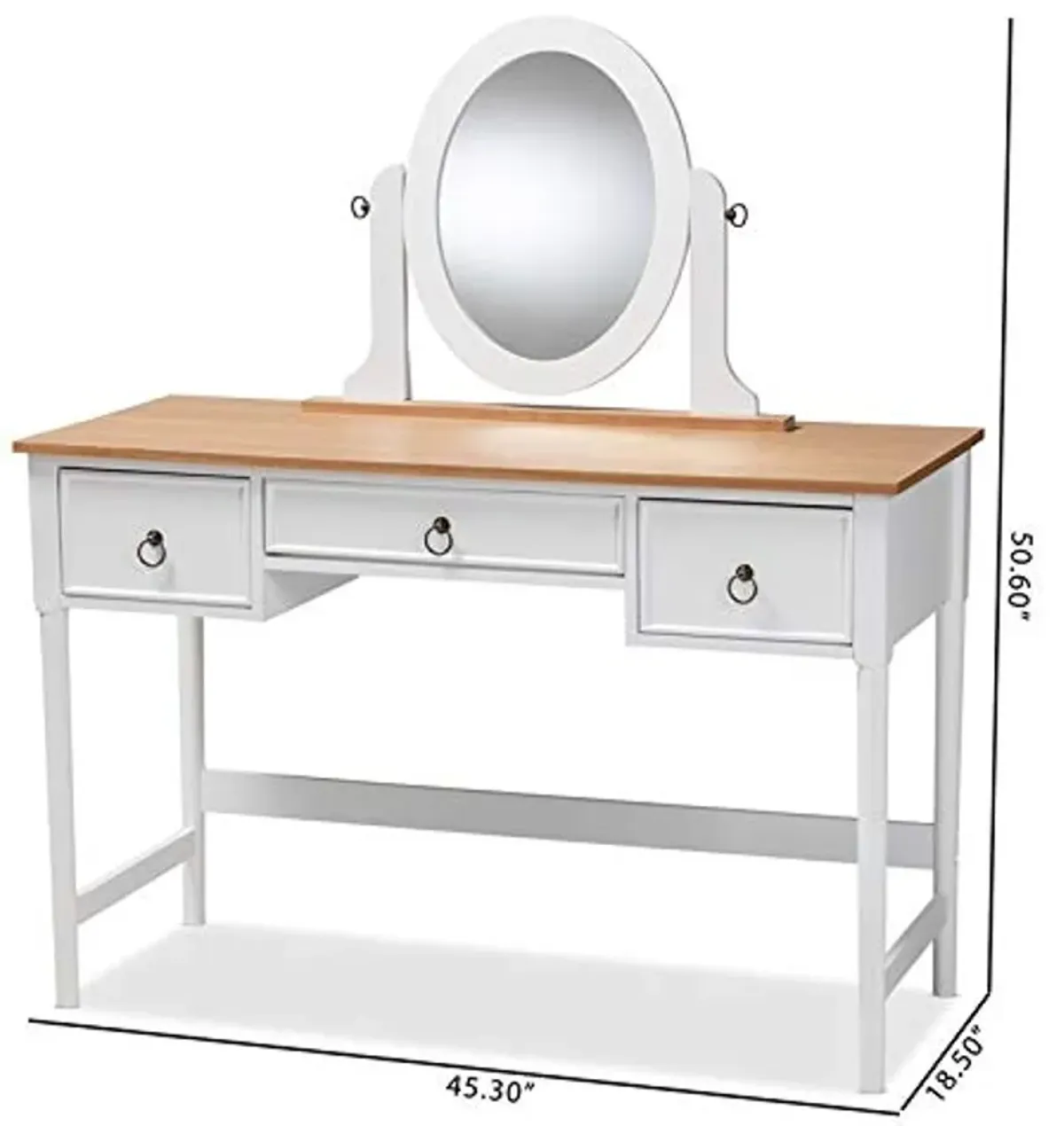 Baxton Studio Sylvie 3-Drawer Wood Vanity Table with Mirror in White