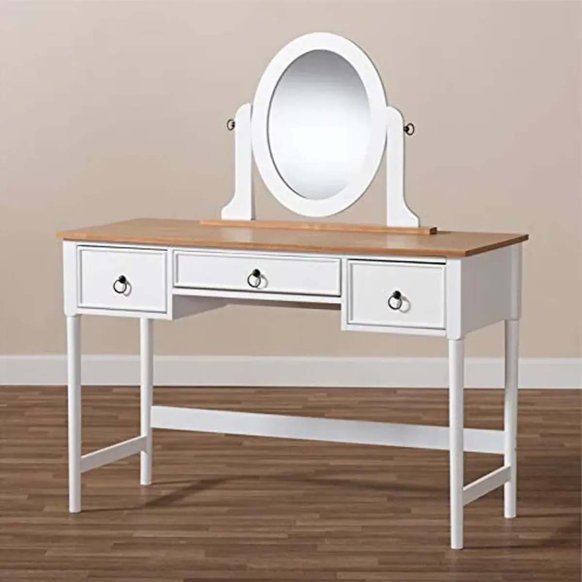 Baxton Studio Sylvie 3-Drawer Wood Vanity Table with Mirror in White