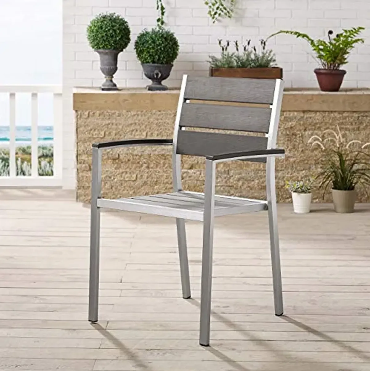 Modway EEI-3130-SLV-GRY Shore Outdoor Patio Aluminum Silver Gray, One Dining Wood Armchair