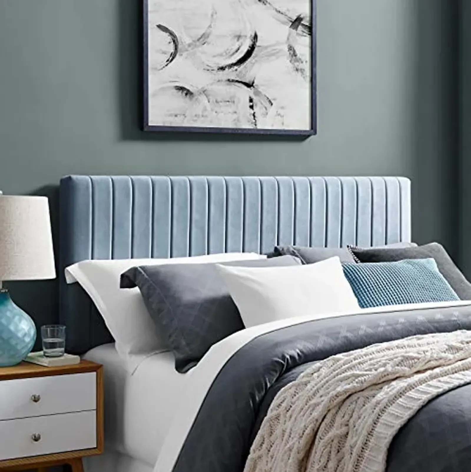 Modway Keira Channel Tufted Performance Velvet Upholstered Full / Queen Headboard in Light Blue