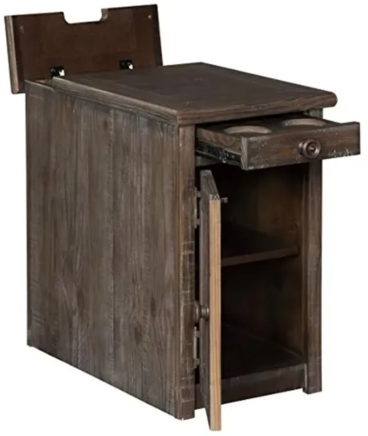 Signature Design by Ashley Wyndahl Rustic Chair Side End Table with Pull Out Tray, 2 Cup Holders, 2 Outlets and USB Charging Ports, Brown with Distressed Finish
