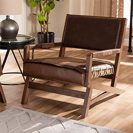 Baxton Studio Rovelyn Brown Faux Leather and Walnut Wood Lounge Chair