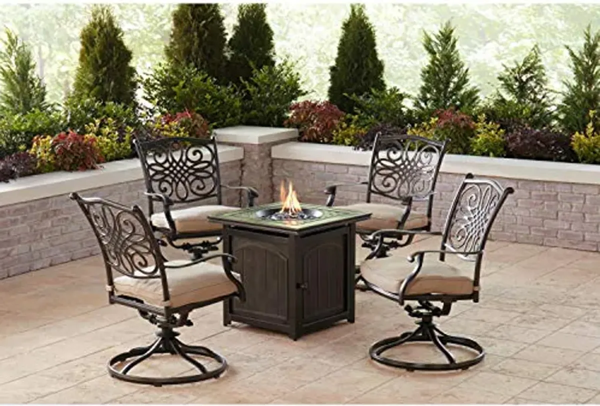 Hanover Traditions 5-Piece Patio Set with Fire Pit, Fire Table Set with 4 Swivel Rockers, Plush Natural Oat Cushions, and 30,000 BTU Square Cast-Top Fire Pit Table, Rust and Weather Resistant