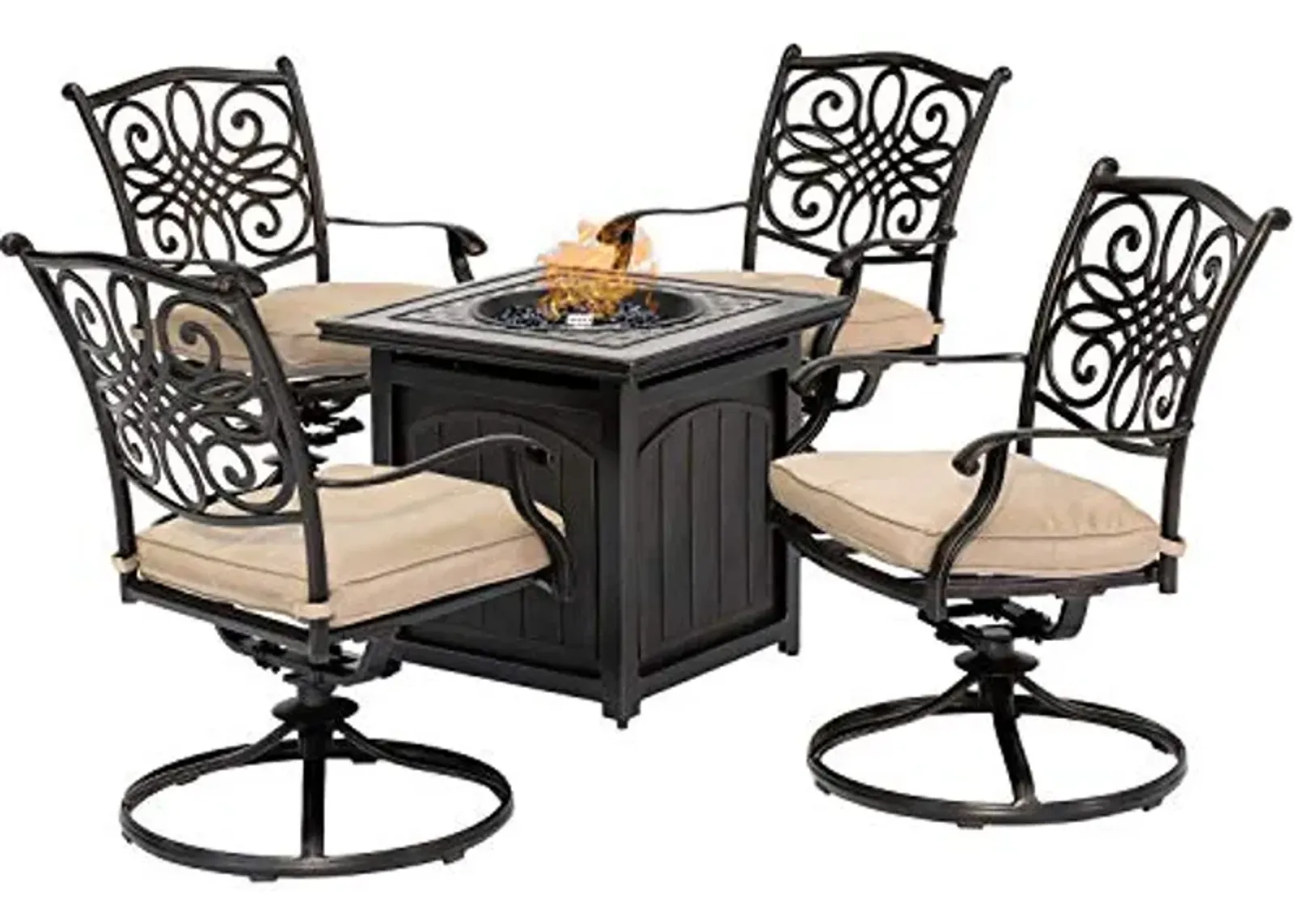 Hanover Traditions 5-Piece Patio Set with Fire Pit, Fire Table Set with 4 Swivel Rockers, Plush Natural Oat Cushions, and 30,000 BTU Square Cast-Top Fire Pit Table, Rust and Weather Resistant