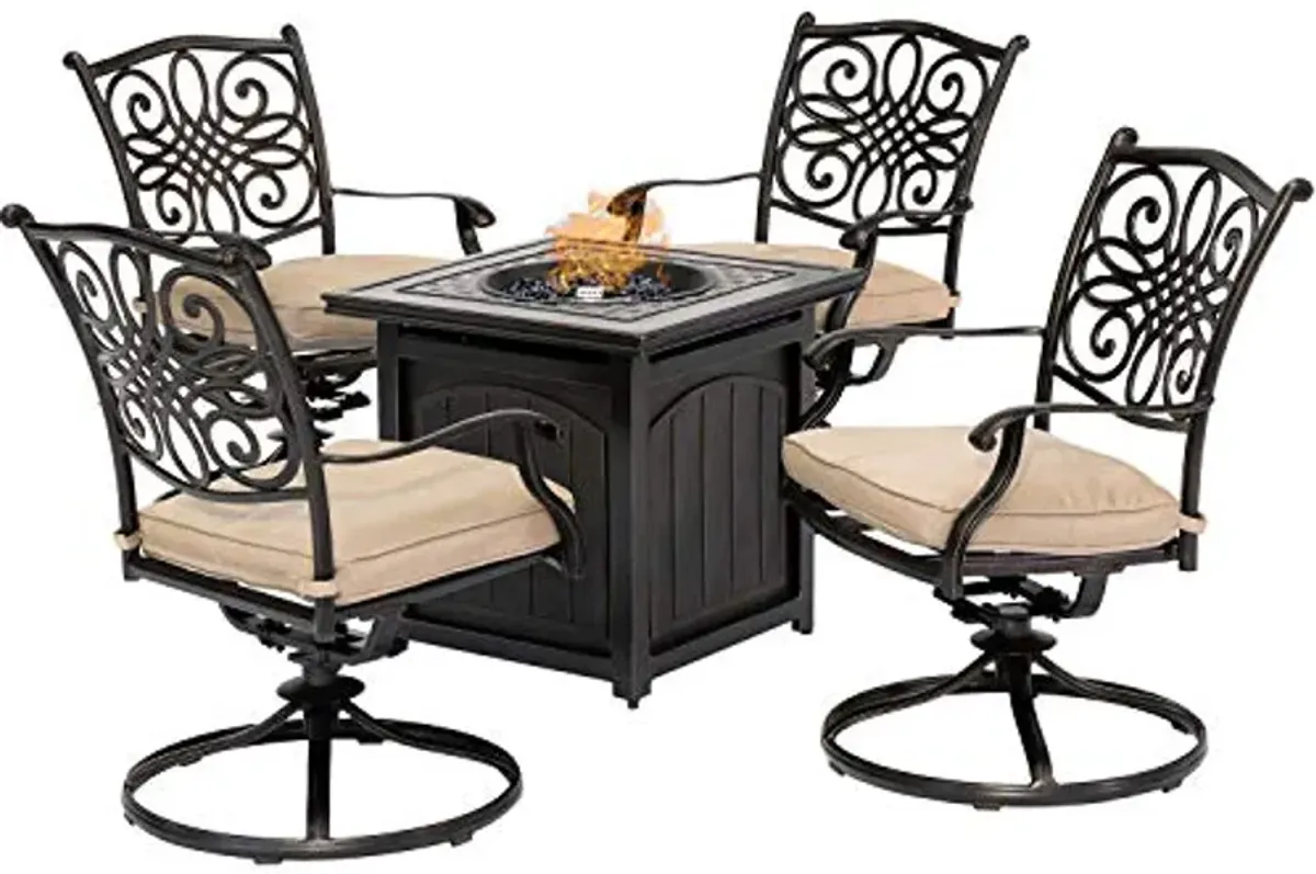 Hanover Traditions 5-Piece Patio Set with Fire Pit, Fire Table Set with 4 Swivel Rockers, Plush Natural Oat Cushions, and 30,000 BTU Square Cast-Top Fire Pit Table, Rust and Weather Resistant