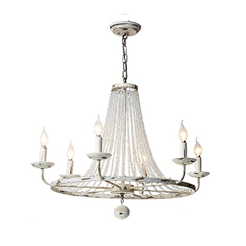 Chandelier American Northern Europe Living Room Restaurant Lights Bedroom Lighting French Continental Rural Vintage White Iron Art Crystal (Size : 6-Head 7060cm)