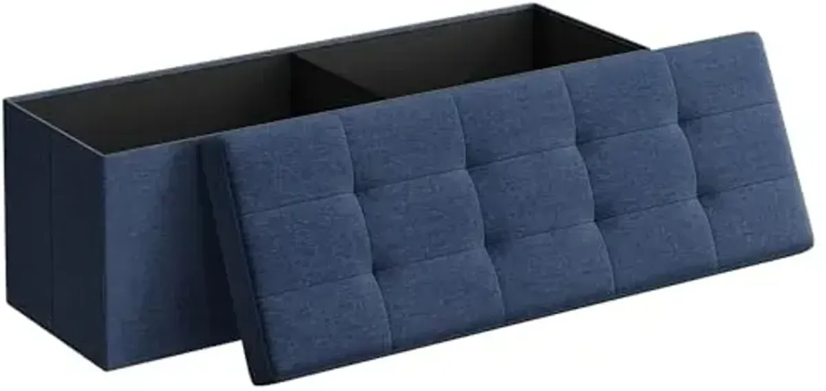 SONGMICS MAZIE Collection - 43 Inches Folding Storage Ottoman Bench, Ottoman Foot Rest, End of Bed Bench, Storage Chest, Load 660 lb, for Living Room, Bedroom, Entryway, Midnight Blue ULSF77IN