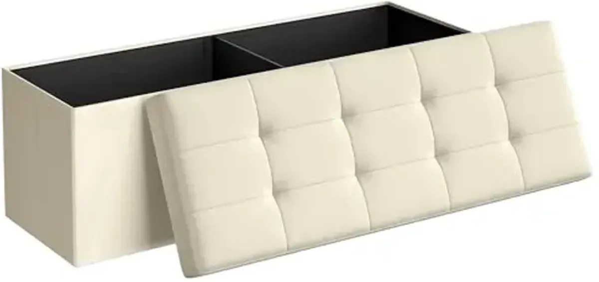SONGMICS MAZIE Collection - 43 Inches Folding Storage Ottoman Bench, Ottoman Foot Rest, End of Bed Bench, Storage Chest, Load 660 lb, for Living Room, Bedroom, Entryway, Cream White ULSF77BE