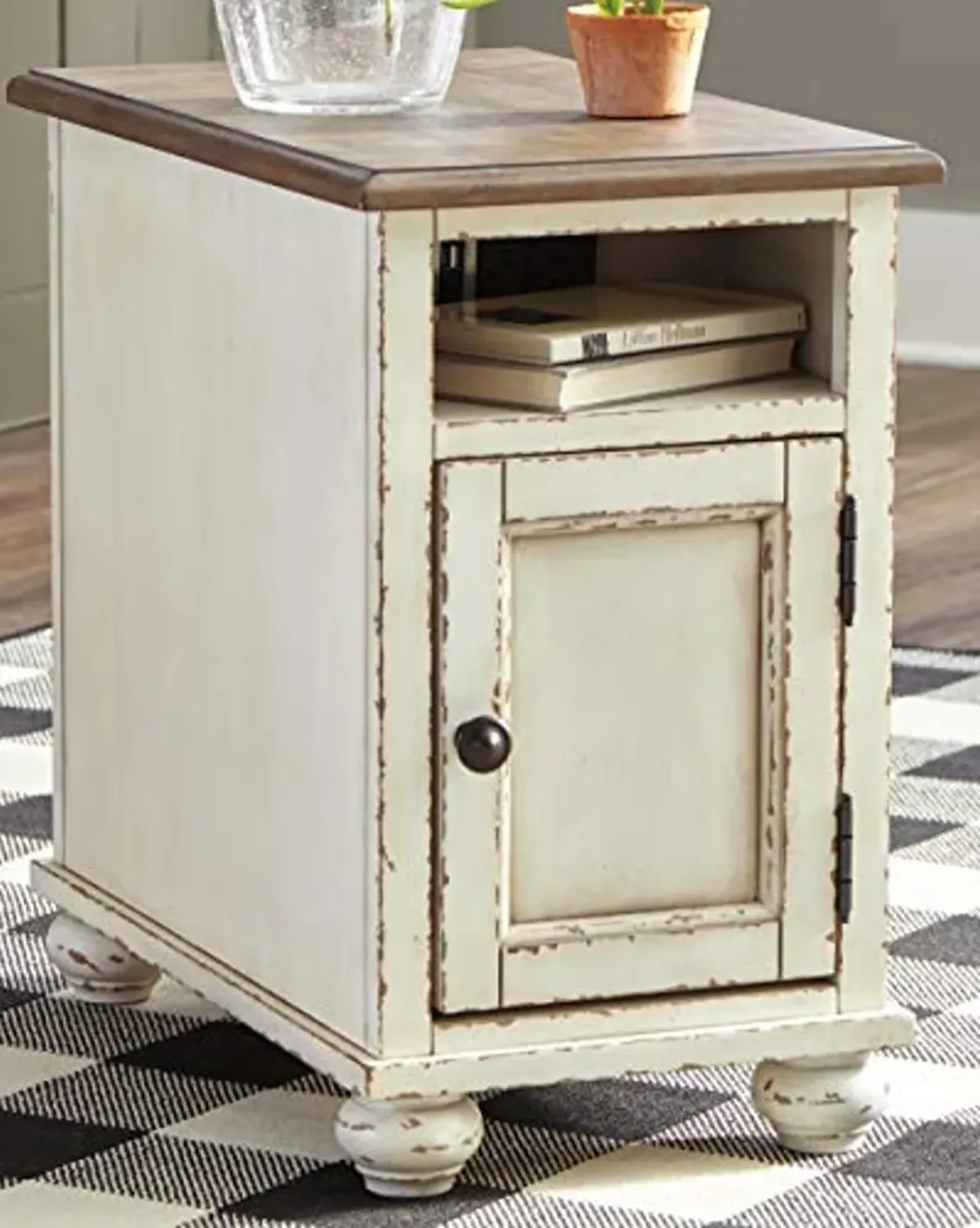 Signature Design by Ashley Realyn French Country Chair Side End Table with Outlets & USB Ports, Cream