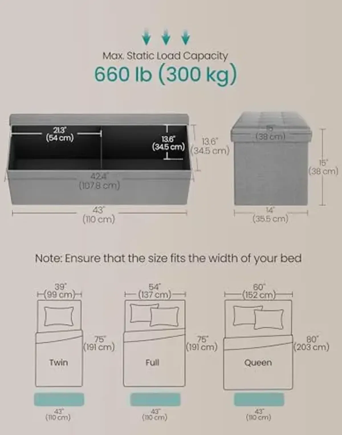 SONGMICS MAZIE Collection - 43 Inches Folding Storage Ottoman Bench, Ottoman Foot Rest, End of Bed Bench, Storage Chest, Load 660 lb, for Living Room, Bedroom, Entryway, Light Gray ULSF77G