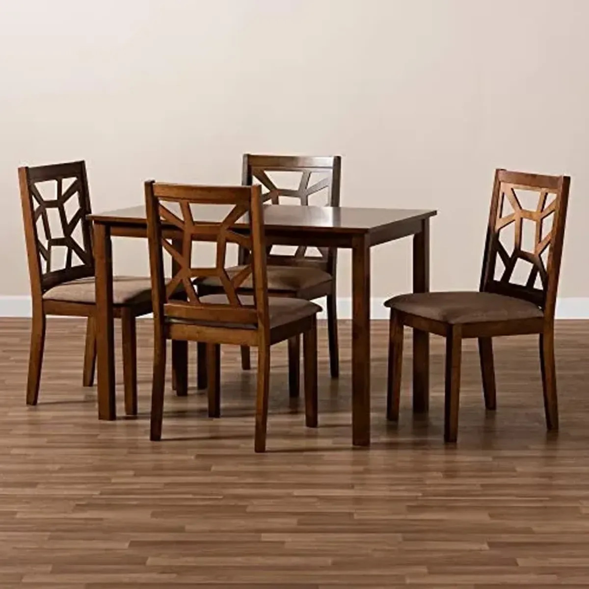 Baxton Studio Abilene Dining Set Light Brown Fabric Upholstered and Walnut Brown Finished 5-Piece Wood Dining Set