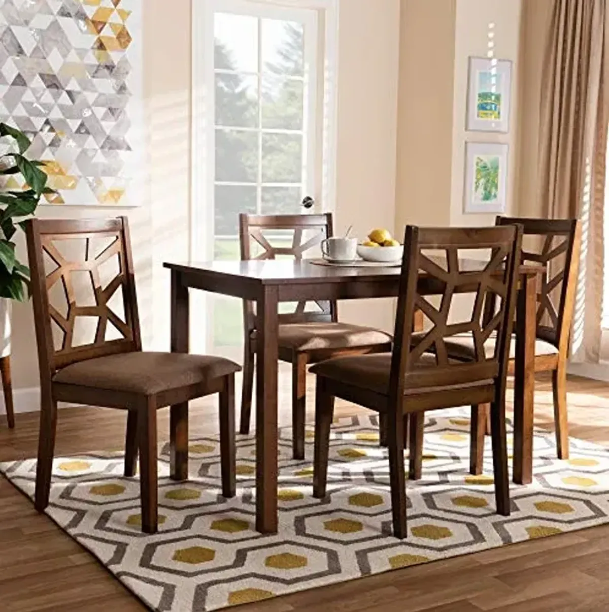Baxton Studio Abilene Dining Set Light Brown Fabric Upholstered and Walnut Brown Finished 5-Piece Wood Dining Set