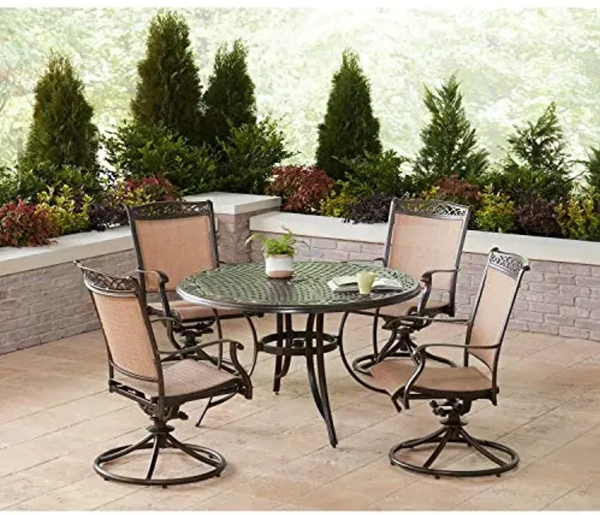 Hanover Fontana 5-Piece Patio Dining Set with PVC Tan Sling Swivel Rocker Chairs and 48" Round Cast-Top Table, Outdoor Dining Set for 4, Premium Weather Resistant Patio Furniture for Backyard & Deck
