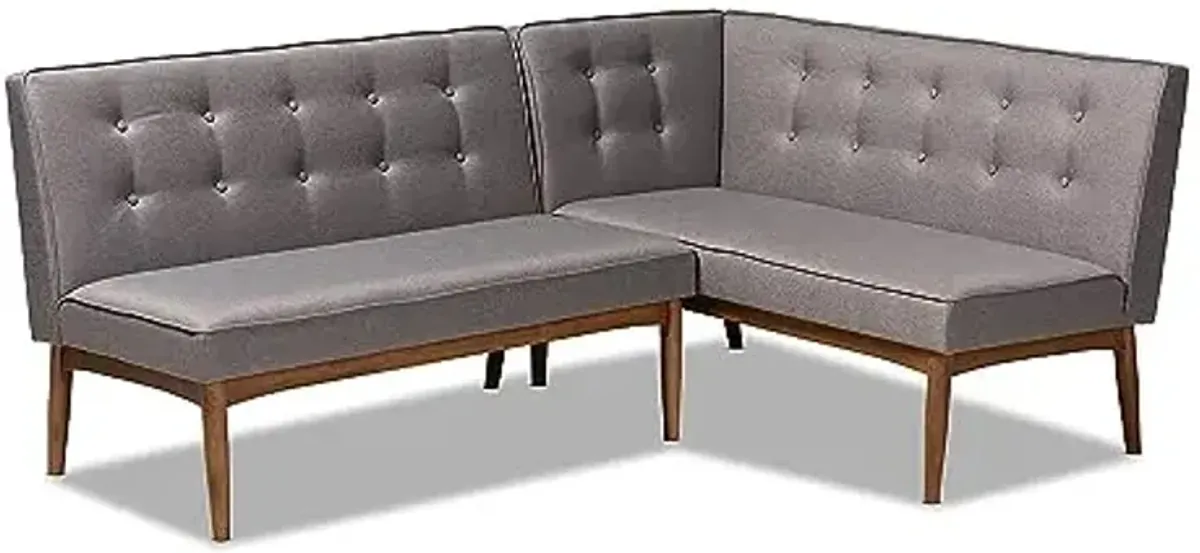Baxton Studio Arvid Mid-Century Modern Gray Fabric Upholstered 2-Piece Wood Dining Corner Sofa Bench