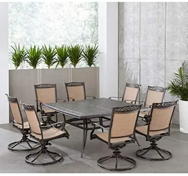 Hanover Fontana 9-Piece Outdoor Dining Set, Rust-Resistant Aluminum Outdoor Patio Dining Set for 8 with Swivel Rockers and 60" Square Cast-Top Patio Table, Perfect for Backyard, Patio, Deck, and Porch