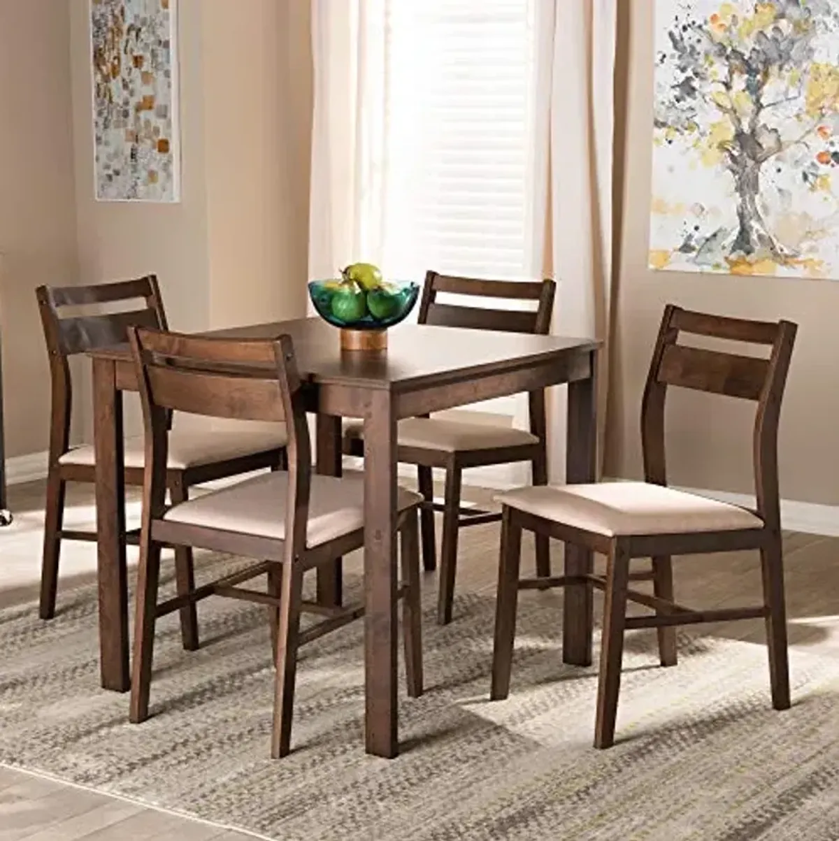 Baxton Studio Lovy Modern and Contemporary Beige Fabric Upholstered Dark Walnut-Finished 5-Piece Wood Dining Set