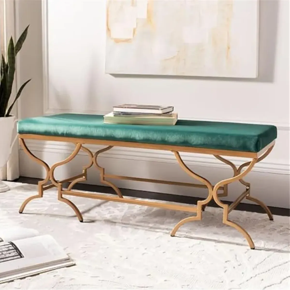 Safavieh Home Juliet 46-inch Glam Emerald Green Velvet and Gold Rectangular Bench