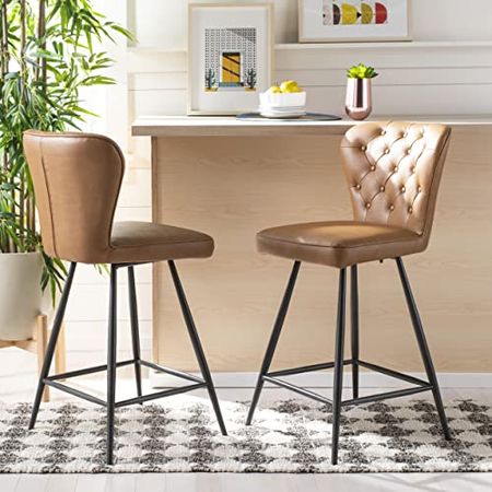 Safavieh Home Collection Ashby 26" Mid Century Modern Leather Tufted Swivel Counter Stool Camel/Black