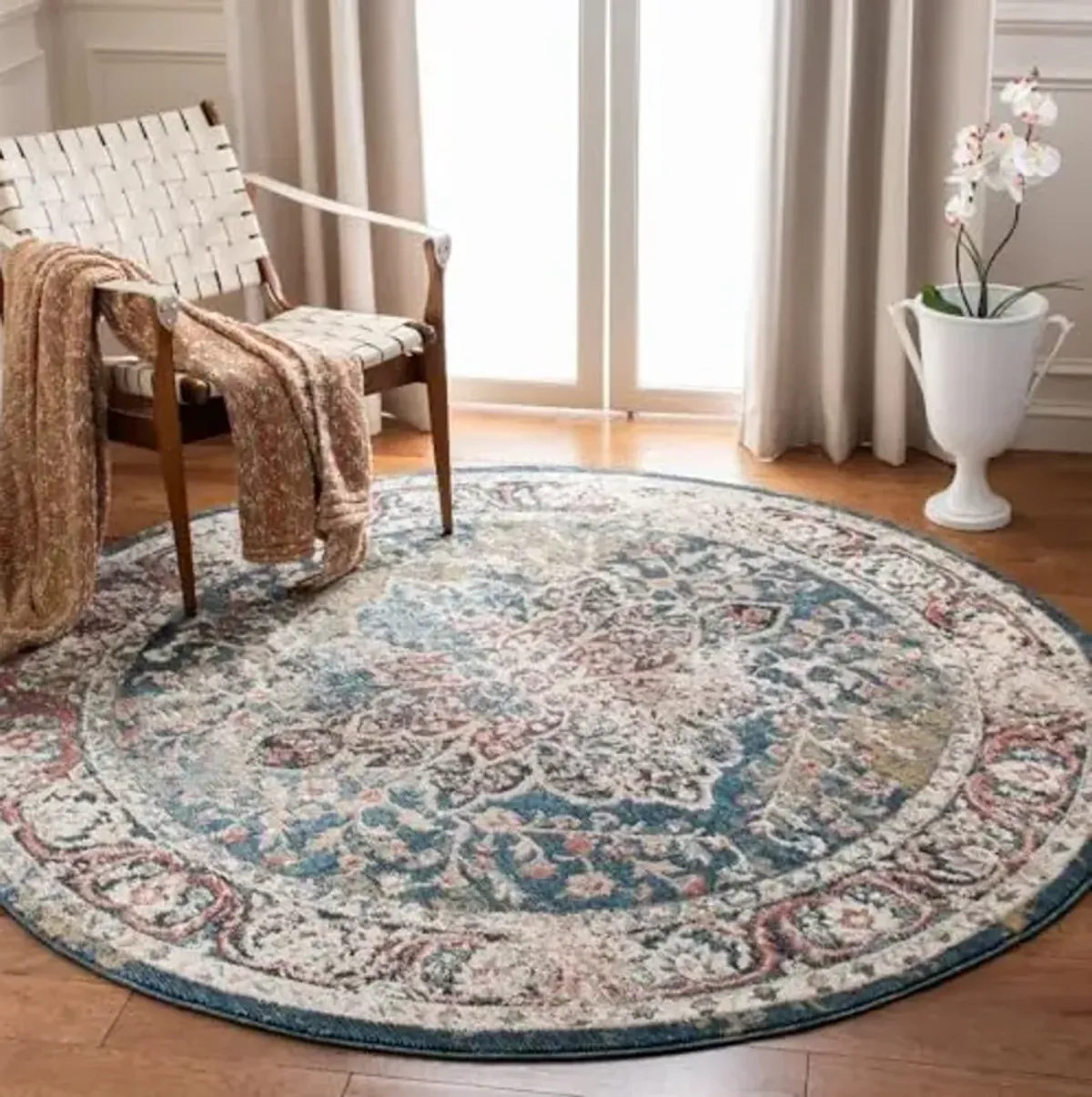SAFAVIEH Carlyle Collection 6'7" Round Turquoise/Ivory CYL215J Vintage Oriental Distressed Non-Shedding Dining Room Entryway Foyer Living Room Bedroom Area Rug
