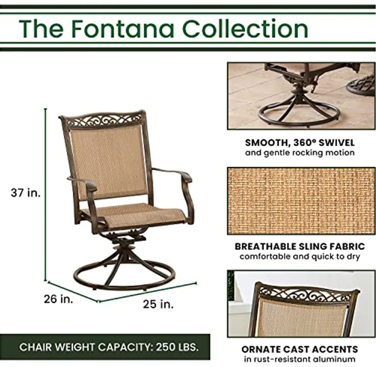 Hanover Fontana 9-Piece Outdoor Dining Set with 8 Weather and Rust Resistant Sling Rockers and a 84-in. x 42-in. Cast-Top Table for Backyard, 9PC SWIVEL, Tan