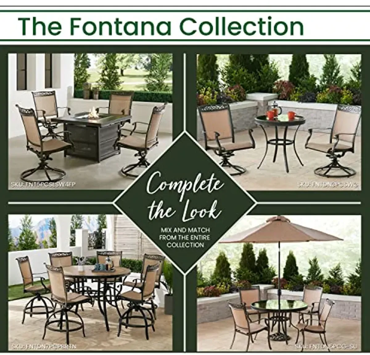 Hanover Fontana 9-Piece Outdoor Dining Set with 8 Weather and Rust Resistant Sling Rockers and a 84-in. x 42-in. Cast-Top Table for Backyard, 9PC SWIVEL, Tan