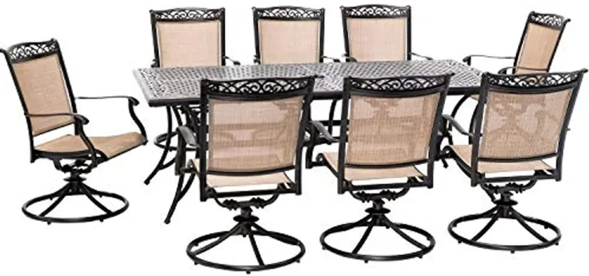 Hanover Fontana 9-Piece Outdoor Dining Set with 8 Weather and Rust Resistant Sling Rockers and a 84-in. x 42-in. Cast-Top Table for Backyard, 9PC SWIVEL, Tan