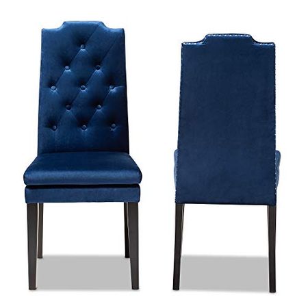 Baxton Studio Dylin Dining Chair and Dining Chair Royal Blue Velvet Fabric Upholstered Button Tufted Wood Dining Chair