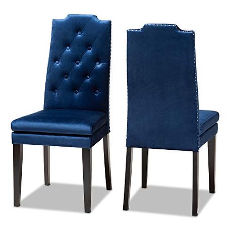 Baxton Studio Dylin Dining Chair and Dining Chair Royal Blue Velvet Fabric Upholstered Button Tufted Wood Dining Chair