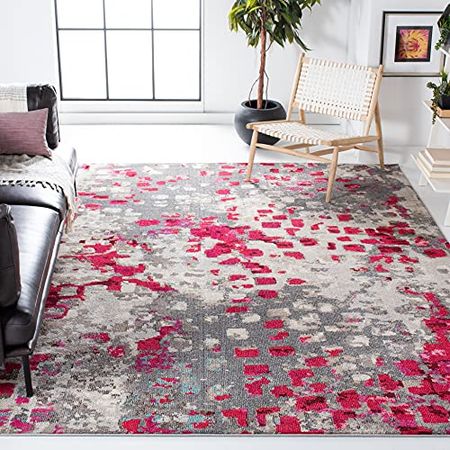 SAFAVIEH Madison Collection 9' x 12' Grey / Red MAD425R Boho Abstract Distressed Non-Shedding Living Room Bedroom Dining Home Office Area Rug