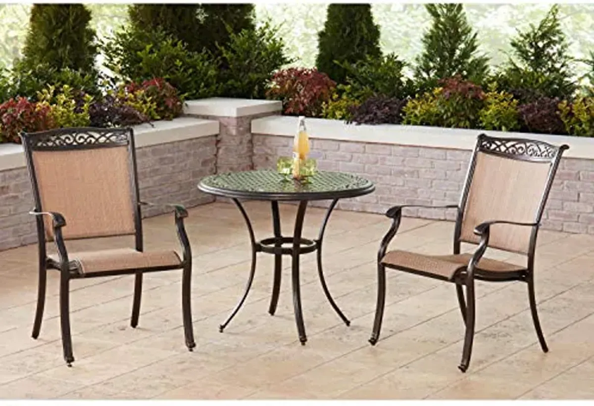 Hanover Fontana 3-Piece Outdoor Dining Set with 2 Sling Chairs and a 32-In. Cast-Top Table, Patio Bistro Set for 2, Patio Dining Furniture Perfect for Backyard, Deck, Porch, and Patio, Tan