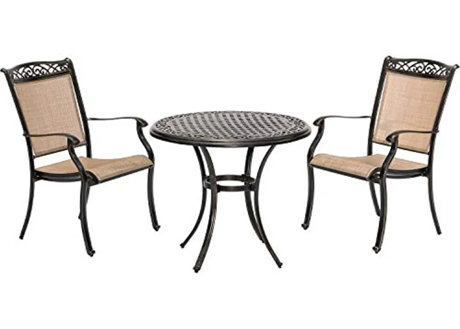 Hanover Fontana 3-Piece Outdoor Dining Set with 2 Sling Chairs and a 32-In. Cast-Top Table, Patio Bistro Set for 2, Patio Dining Furniture Perfect for Backyard, Deck, Porch, and Patio, Tan