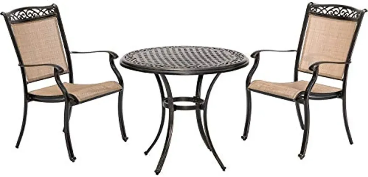 Hanover Fontana 3-Piece Outdoor Dining Set with 2 Sling Chairs and a 32-In. Cast-Top Table, Patio Bistro Set for 2, Patio Dining Furniture Perfect for Backyard, Deck, Porch, and Patio, Tan