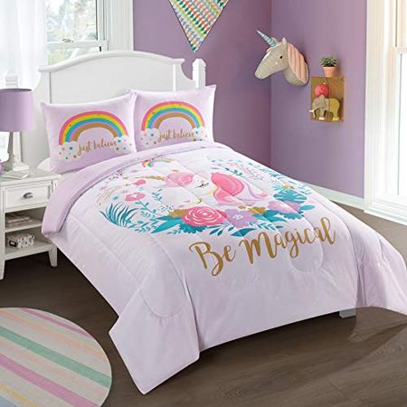 Heritage Kids Kids and Toddler Ultra-Soft Magical Unicorn and Rainbow Easy-Wash Microfiber Comforter Bed Set, Full, Light Pink