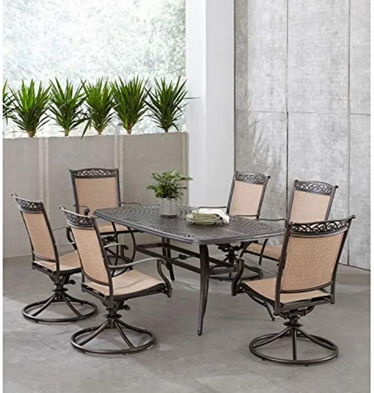 Hanover Fontana 7-Piece Patio Dining Set, Outdoor Dining Set for 6 with 38"x72" Cast-Top Rectangular Table and Quick-Dry Sling Swivel Rocker Chairs, Modern Weather Resistant Outdoor Dining Set