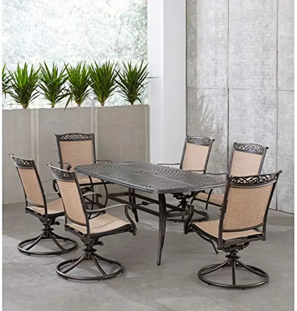 Hanover Fontana 7-Piece Patio Dining Set, Outdoor Dining Set for 6 with 38"x72" Cast-Top Rectangular Table and Quick-Dry Sling Swivel Rocker Chairs, Modern Weather Resistant Outdoor Dining Set