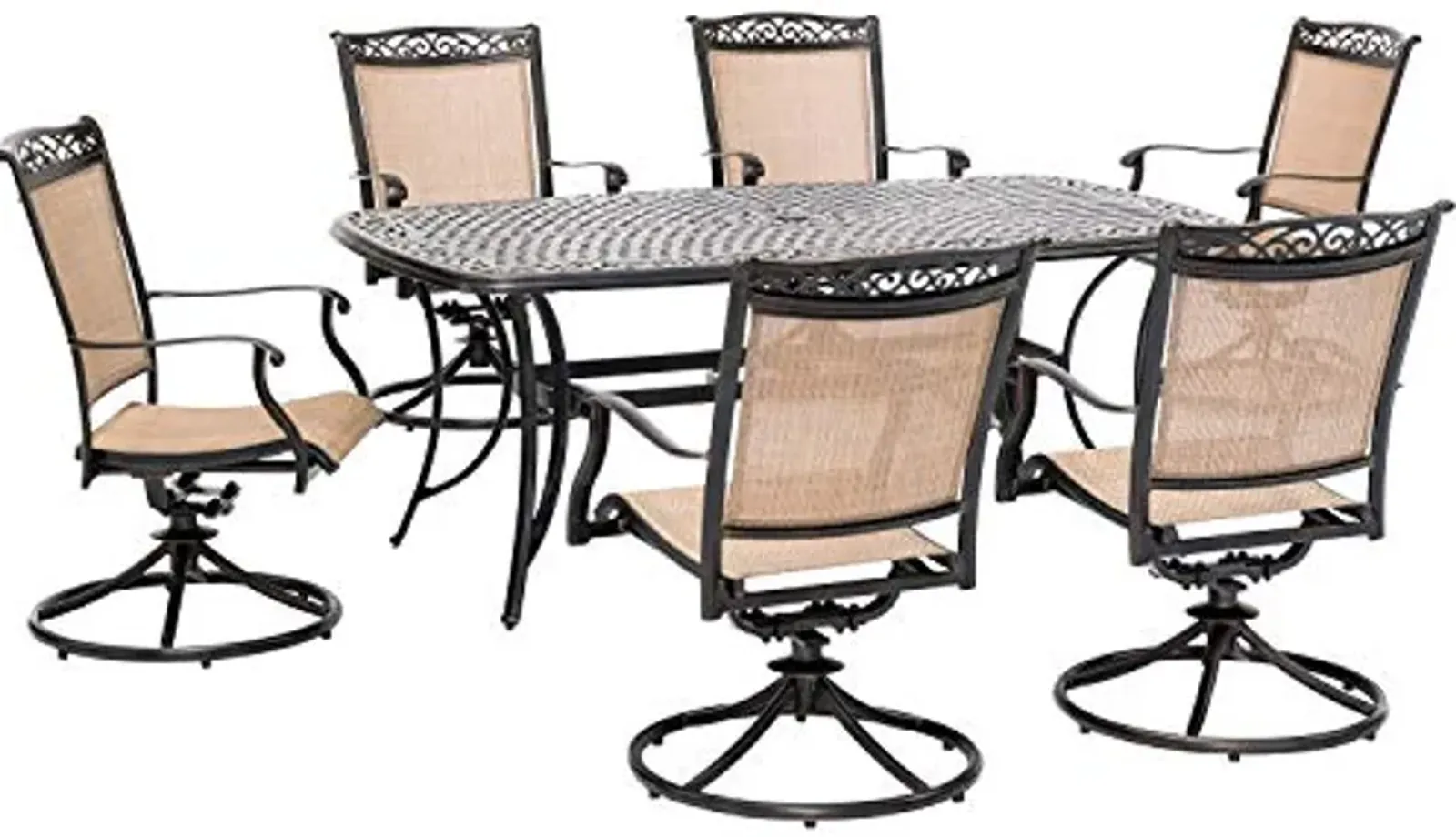 Hanover Fontana 7-Piece Patio Dining Set, Outdoor Dining Set for 6 with 38"x72" Cast-Top Rectangular Table and Quick-Dry Sling Swivel Rocker Chairs, Modern Weather Resistant Outdoor Dining Set