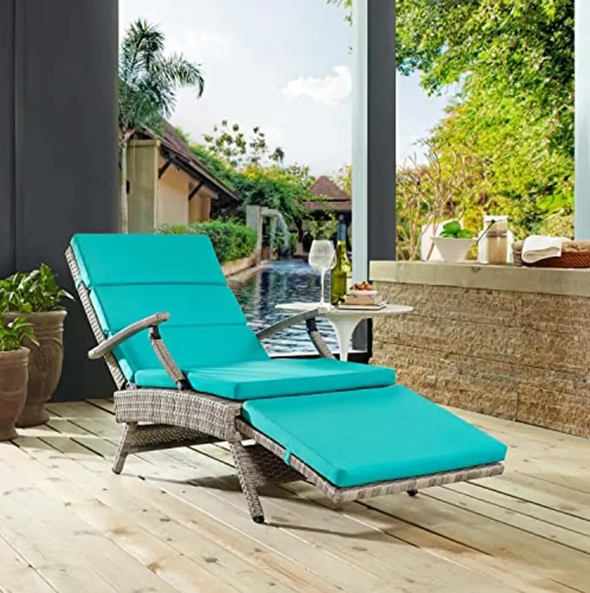 Modway Envisage Outdoor Patio Wicker Rattan Chaise Lounge in Light Gray Turquoise