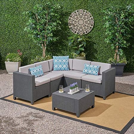 Riley Outdoor All Weather Faux Wicker 5 Seater Sectional Sofa Set with Cushions, Dark Gray and Gray