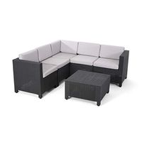 Riley Outdoor All Weather Faux Wicker 5 Seater Sectional Sofa Set with Cushions, Dark Gray and Gray