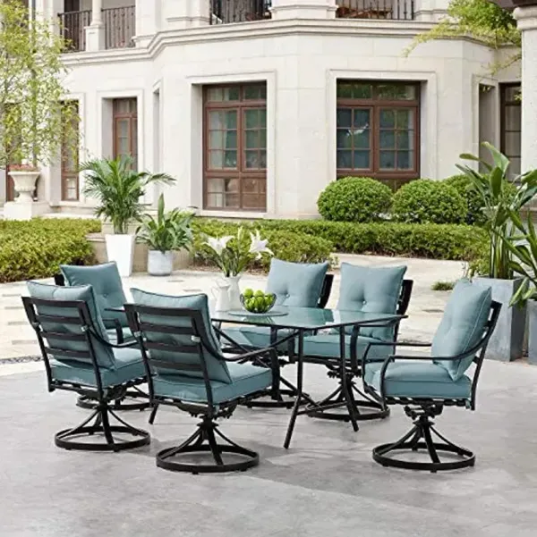 Hanover Lavallette 7-Piece Patio Dining Set, Modern Outdoor Dining Set for 6 with 2 Swivel Rockers and 4 Stationary Chairs, UV Protected Cushions, Glass-Top Table, Weather Resistant, Ocean Blue