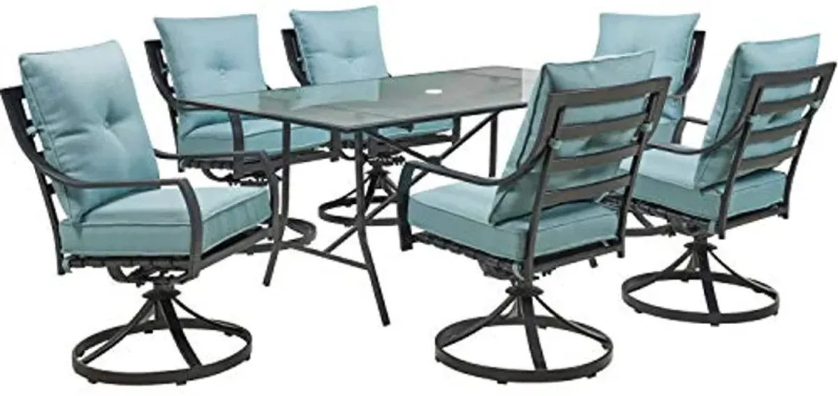 Hanover Lavallette 7-Piece Patio Dining Set, Modern Outdoor Dining Set for 6 with 2 Swivel Rockers and 4 Stationary Chairs, UV Protected Cushions, Glass-Top Table, Weather Resistant, Ocean Blue