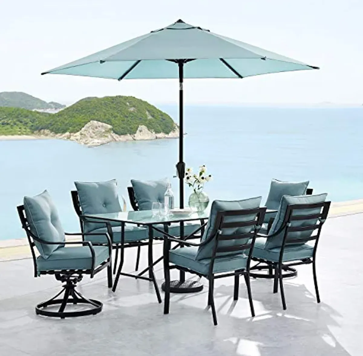 Hanover Lavallette 7-Piece Modern Outdoor Dining Set with Umbrella, 6 Cushioned Swivel Rocker Chairs, 66'' x 38'' Glass-Top Table, and Weather Resistant Frames, in Ocean Blue