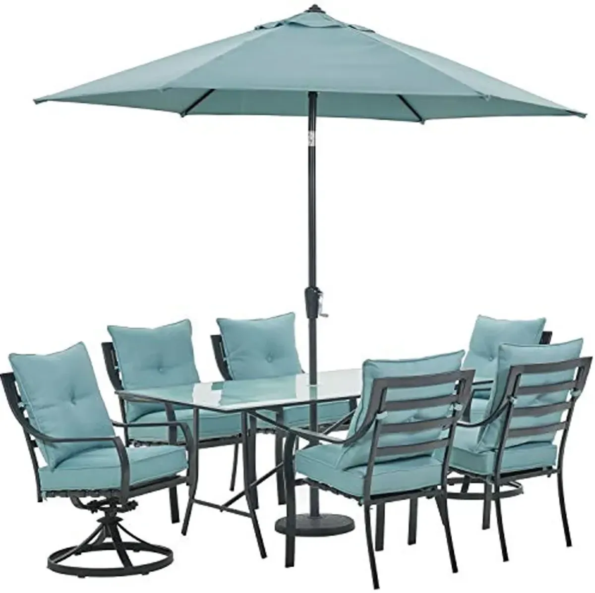 Hanover Lavallette 7-Piece Modern Outdoor Dining Set with Umbrella, 6 Cushioned Swivel Rocker Chairs, 66'' x 38'' Glass-Top Table, and Weather Resistant Frames, in Ocean Blue