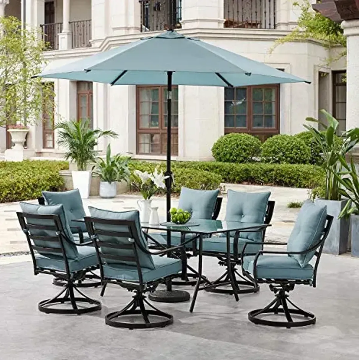 Hanover Lavallette 7-Piece Outdoor Dining Set with Umbrella, 2 Swivel Rockers, 4 Stationary Chairs, 66'' x 38'' Glass-Top Table, Weather and UV Resistant Modern Patio Dining Set for 6 in Ocean Blue
