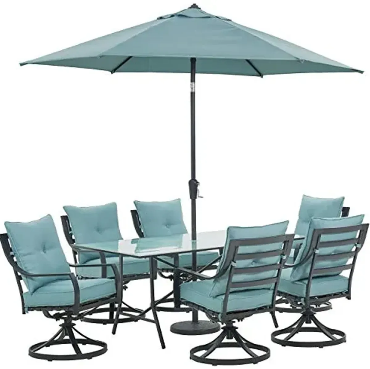 Hanover Lavallette 7-Piece Outdoor Dining Set with Umbrella, 2 Swivel Rockers, 4 Stationary Chairs, 66'' x 38'' Glass-Top Table, Weather and UV Resistant Modern Patio Dining Set for 6 in Ocean Blue