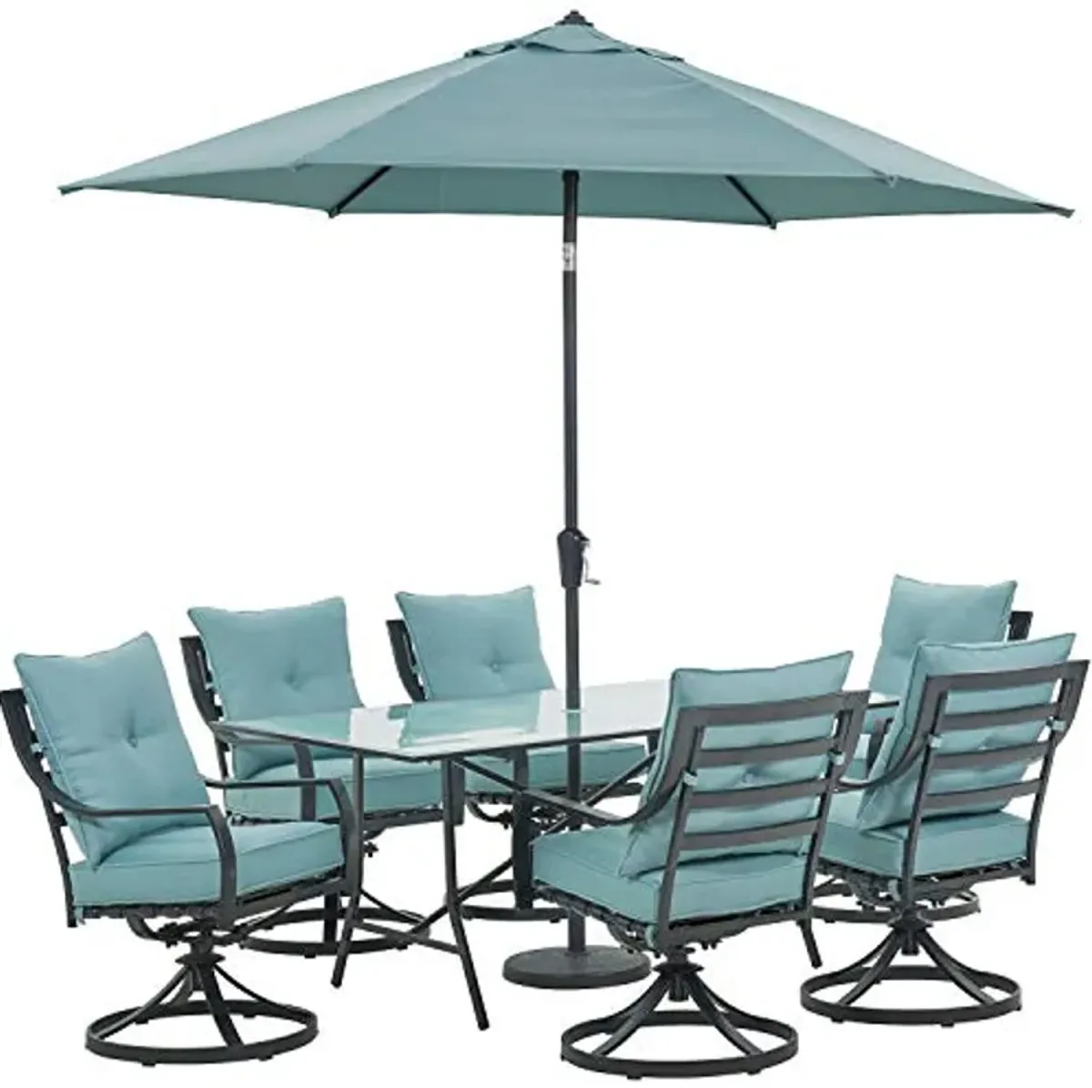 Hanover Lavallette 7-Piece Outdoor, 2 Rockers, 4 Stationary Chairs, 66'' x 38'' Glass-Top Table, Weather and UV Resistant Modern Patio Dining Set for 6 in Ocean Blue, 7PC Swivel W/Umbrella