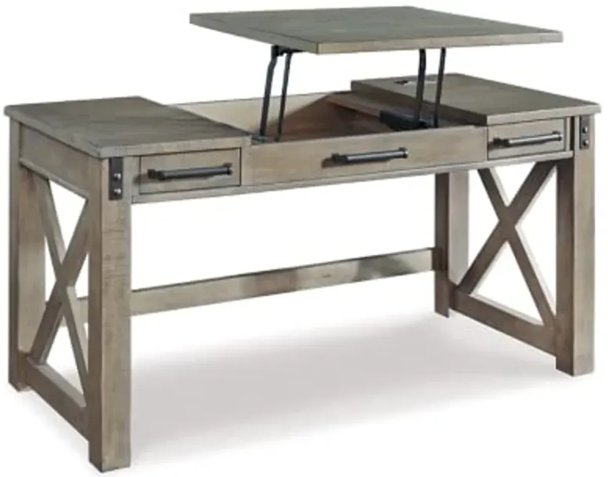 Signature Design by Ashley Aldwin Rustic Farmhouse 60" Home Office Lift Top Desk with Charging Ports, Distressed Gray