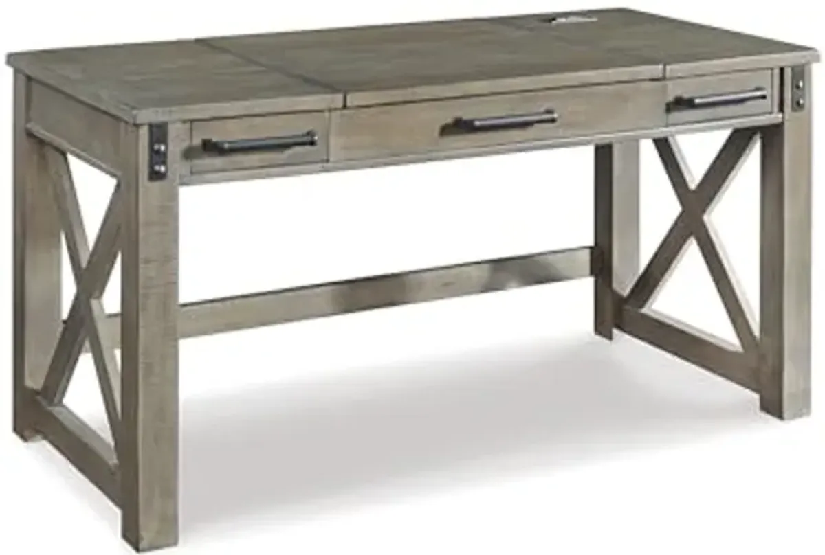 Signature Design by Ashley Aldwin Rustic Farmhouse 60" Home Office Lift Top Desk with Charging Ports, Distressed Gray