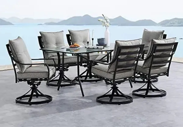 Hanover Lavallette 7-Piece Patio Dining Set, Modern Outdoor Dining Set for 6 with 2 Swivel Rockers, 4 Stationary Chairs, UV Protected Cushions and 66'' x 38'' Glass-Top Table, Weather Resistant